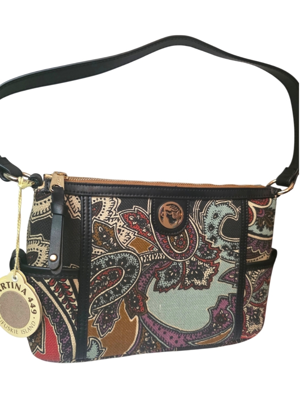 Spartina 449 Cora Shoulder Bag Boho Paisley Print Linen Leather Large Bag